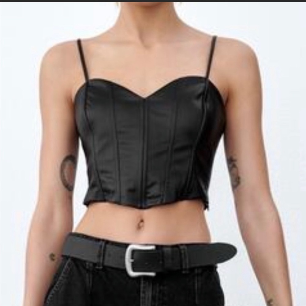 New ZARA black vegan faux leather corset bralette fashion goth top S